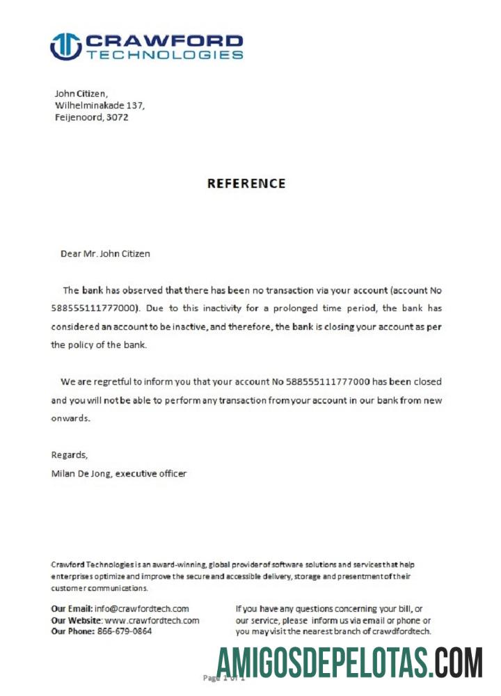 Referência de fechamento do Crawford Bank na Holanda exemplo real